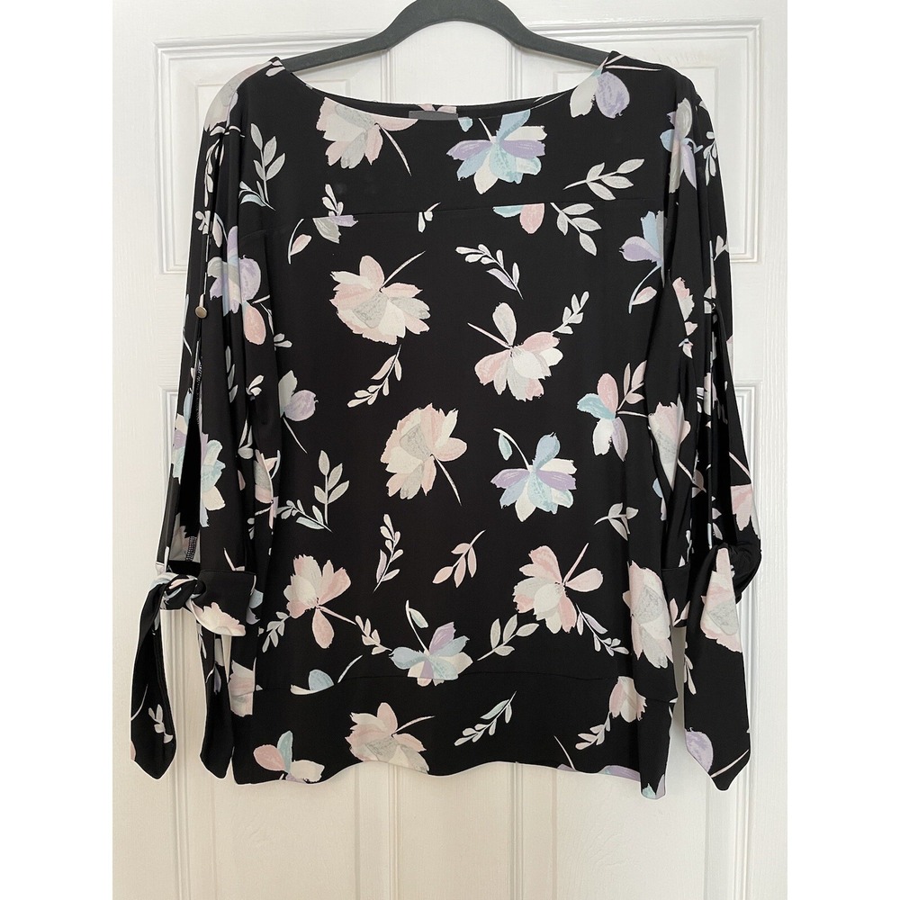 The Limited Top Blouse Sz Med‎ Black Slit  Sleeves Pink Flower Office Wear Sexy